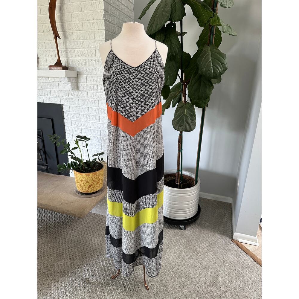 Women Maxi Dress L Lined Chiffon Chevron Color Block Resort Vacation Beachy